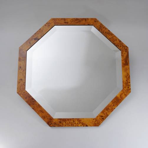 Art Deco style wall mirror, maple burl veneer & black lacquer, 1980`s ca, English 